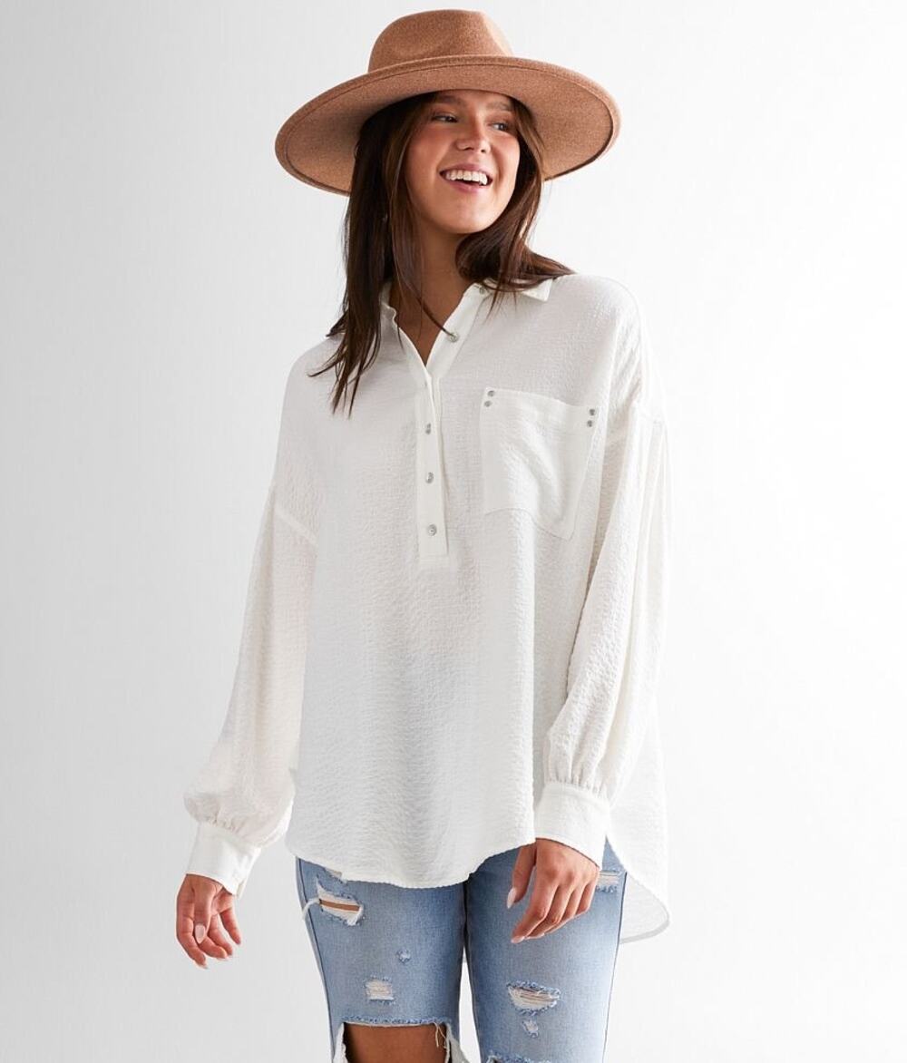 BKE White Oversized Woven Henley Long Sleeve Button Peasant Tunic Top sz Large